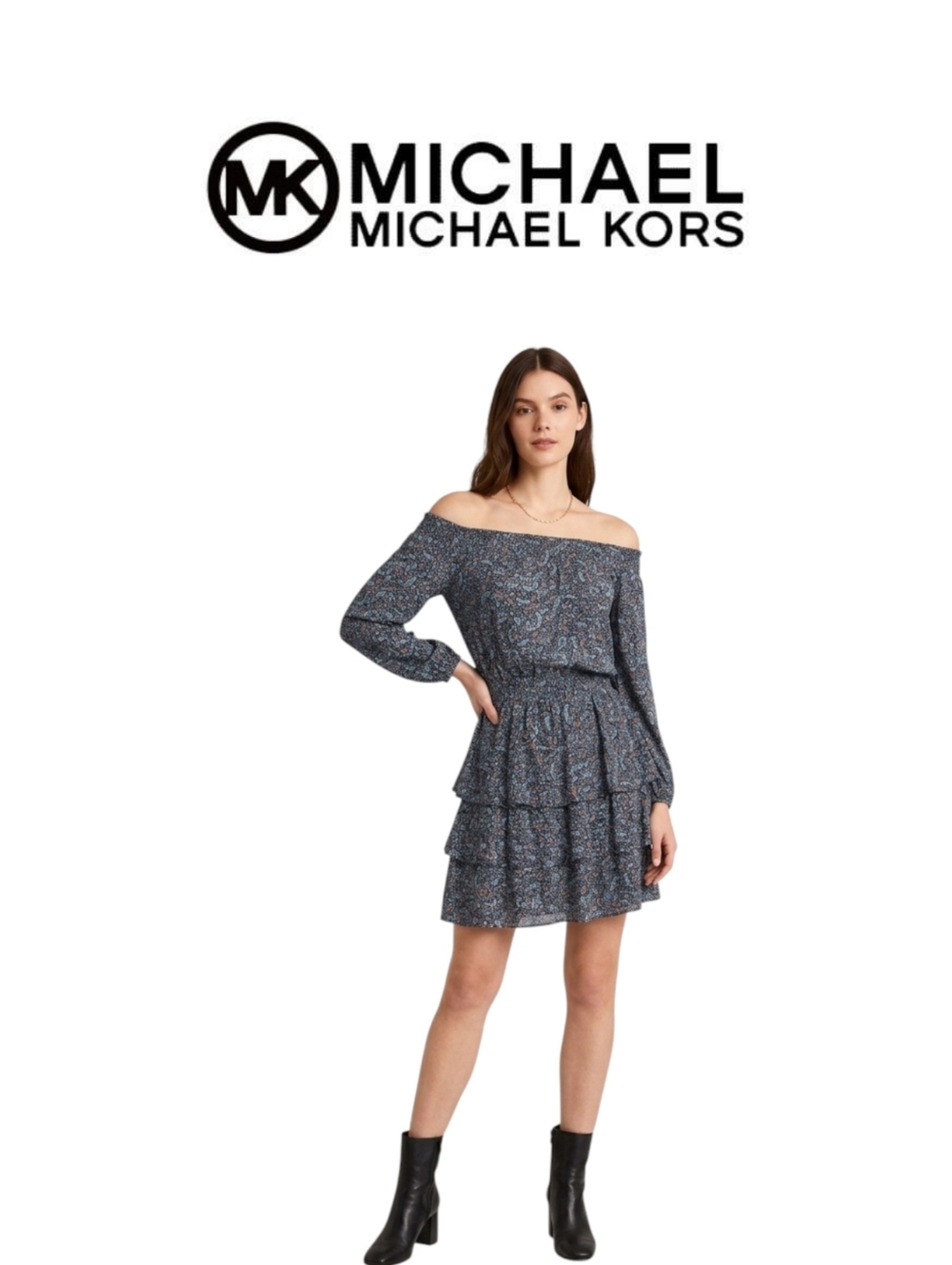 Michael Kors Navy One-Shoulder Tiered Pasley Print Dress Size:M